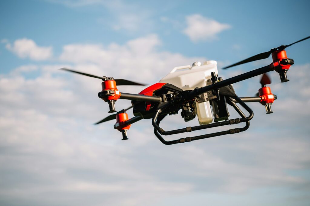 agricultural drone on a background of blue sky.